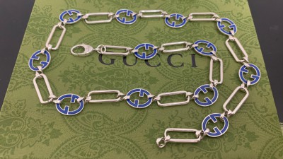 구ㅉ 인터로킹G 더블G블루 체인링크 에나멜 펜던트 목걸이