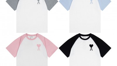 [공용] 아ㅁ 자수 패치 배색 래글런 반팔 티셔츠 4컬러