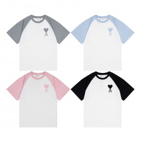 [공용] 아ㅁ 자수 패치 배색 래글런 반팔 티셔츠 4컬러